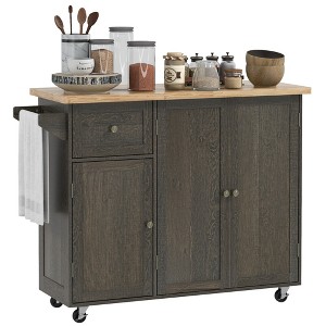 HOMCOM Triple-Cabinet Rolling Kitchen Island on Wheels, Kitchen Cart with Storage Shelf Adjustment, Rolling Utility Cart with Wood Top, Towel Rack - 1 of 4