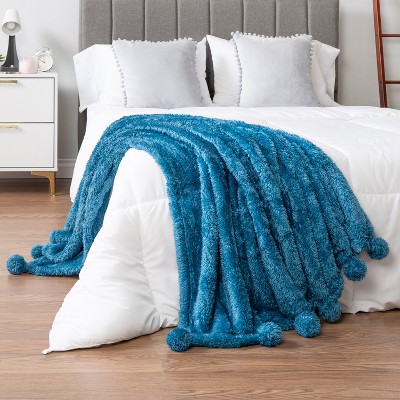Teal Blue Sherpa Fleece Throw Blanket with Pom Poms