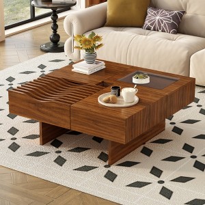 KIGFTSOD Mid Century Modern Coffee Table, Unique Square Wooden Coffee Table with 3 Drawers, Tempered Glass and Solid Wood Legs for Living Room - 1 of 4