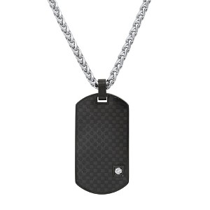 Steeltime 24" black carbon fiber, two tone black ip and stainless steel dog tag pendant with simulated diamond accent - 1 of 4