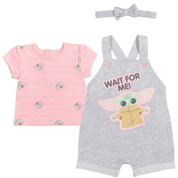 Star Wars The Child Baby Girls French Terry Snap Short Overalls T-Shirt and Headband 3 Piece Outfit Set Newborn to Infant 