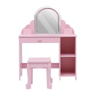 Kids Vanity with Lighted Mirror, 2 in 1 Little Girls Vanity Table & Stool, Kids Makeup with Drawer & Open Shelves for 3-9 Yrs Girls - 1 of 4