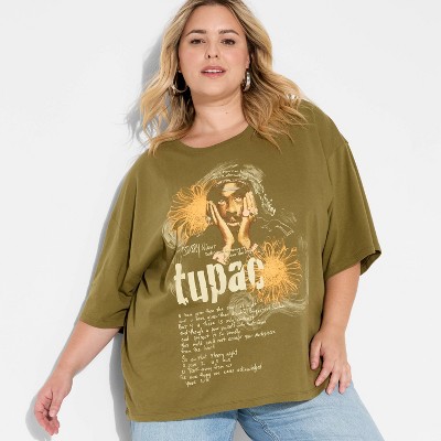 Women's Tupac Lyrics Oversized Short Sleeve Graphic T-Shirt - Olive Green