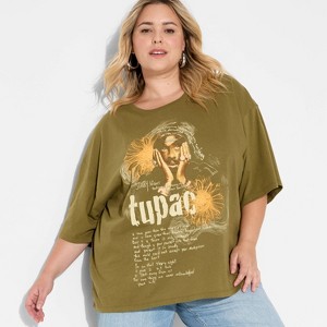 Women's Tupac Lyrics Oversized Short Sleeve Graphic T-Shirt - Olive Green - 1 of 3