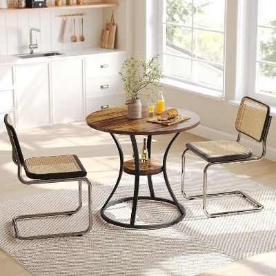 Tribesigns Round Dining Table for 2-4, 31.5" Farmhouse Kitchen Dining Room Table with Storage & Metal Base, Tables Space Saving for Room,Brown