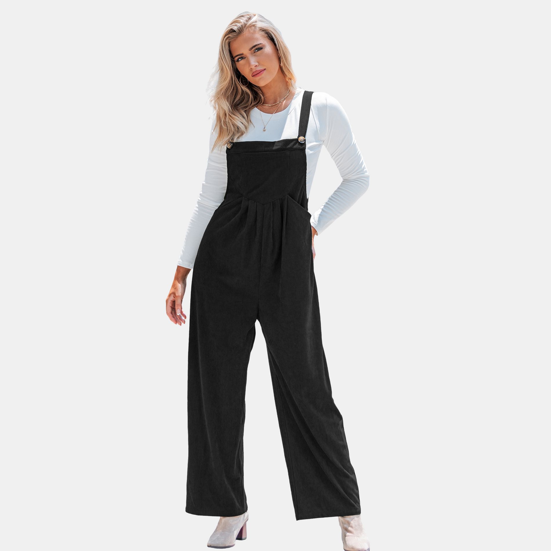 Women's Chic Corduroy Wide-Leg Overalls - Cupshe-M-Black