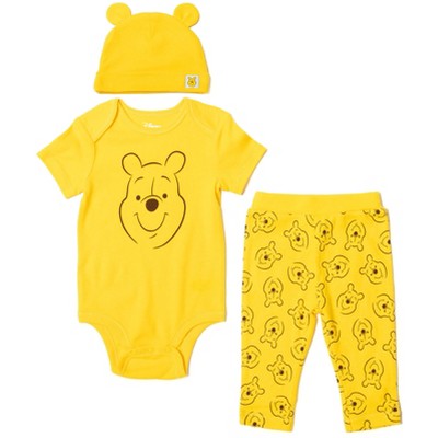 Disney Winnie the Pooh Newborn Baby Boy or Girl Bodysuit Pants and Hat 3  Piece Outfit Set Yellow 6-9 Months