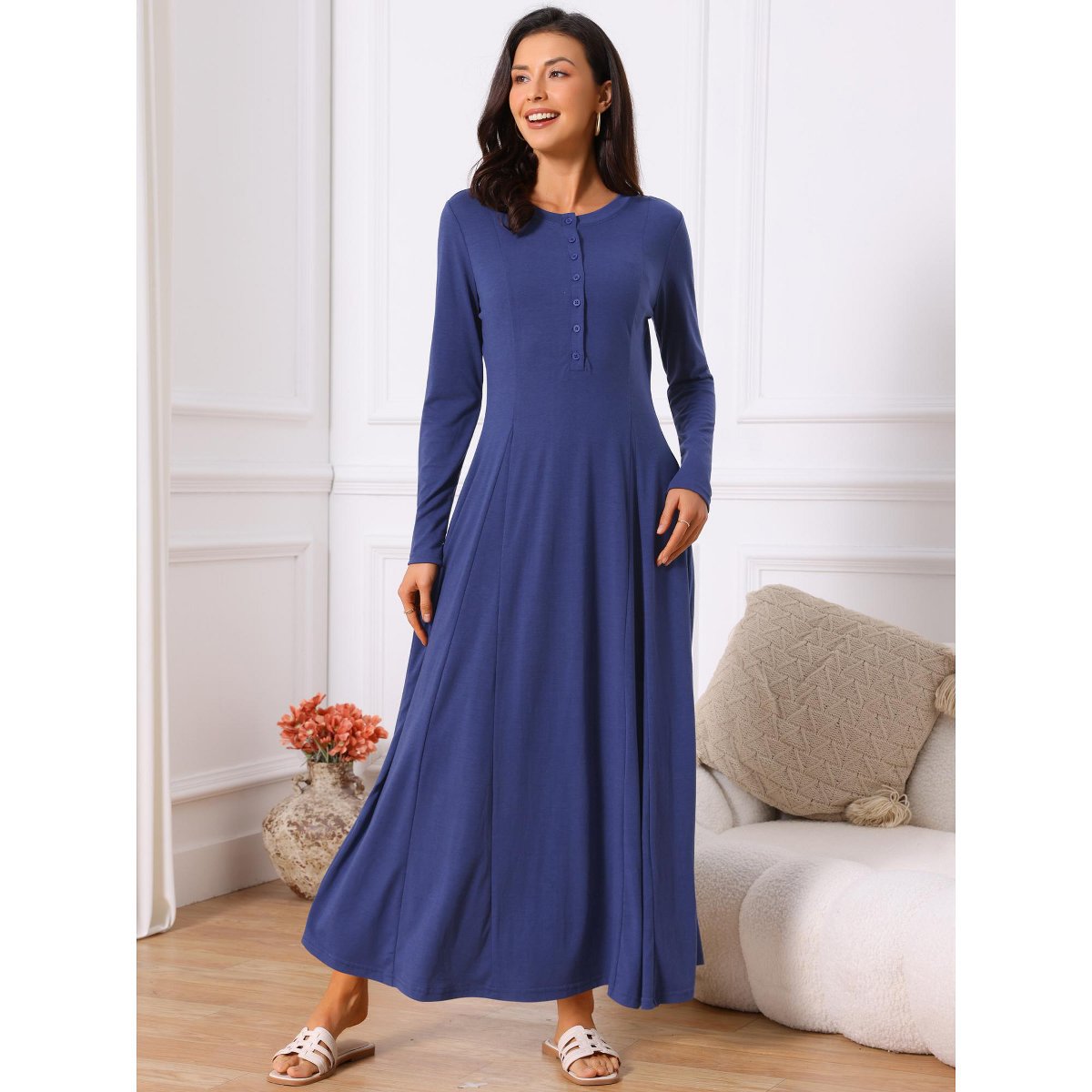 Женские платья INSPIRE CHIC Women's Fall Long Button Down Long Sleeve Flowy A-Line Maxi Dress with Pockets Deep Blue X-Large — фото 2