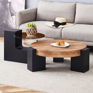Gulches Modern Simple Double-Layer Round Coffee Table Transparent Brown Glass Top & Black MDF L-Shaped Legs, Detachable Multifunctional Side Table - 1 of 4