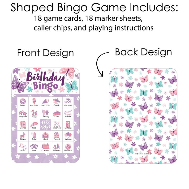 Big Dot of Happiness Beautiful Butterfly - Picture Bingo Cards and Markers - Floral Birthday Party Shaped Bingo Game - Set of 18, 3 of 6