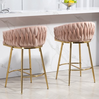 DOMETOUR 26'' Counter Height Bar Stool Set of 2 Kitchen Island Counter Bar Stool with Hand-Wave Back, Golden Chromed Base and Footrest