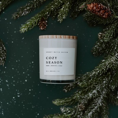 Cozy Season 11oz White Jar Soy Candle with Wood Lid