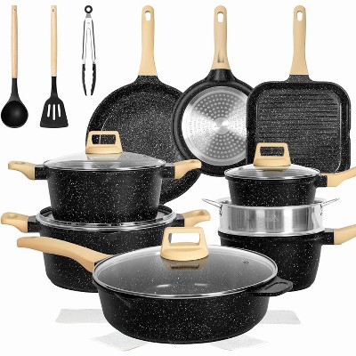 Romswi 23Piece Kitchen Cookware Set, Non Stick Pots and Pans Set, Induction Cookware with Utensil and Pan Protectors, Black
