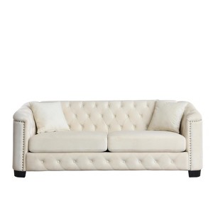 VYNXARIA 77-Inch Modern Velvet Sofa, 3-Seater Sofa, Tufted Backrests with Nailhead Arms and 2 Cushions for Living Room, Bedroom, Apartment(White) - 1 of 4