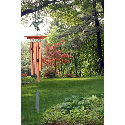 Bronze and Verdigris Hummingbird Wind Chime with Pine Wood