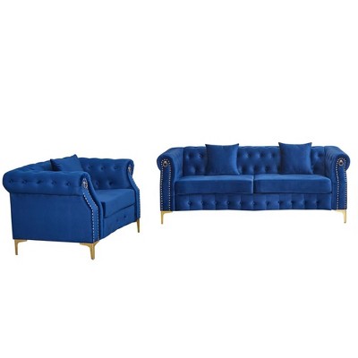 2 Piece Velvet Chesterfield Button-Tufted Sofa Sets for Living Room