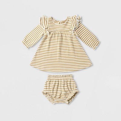 Q by Quincy Mae Baby Girls' 2pc Striped Brushed Jersey Long Sleeve Dress with Bloomer - Ivory 3-6M