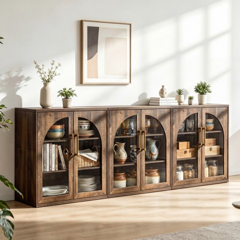 Sincido Arched Sideboard with Glass Door, 94" Accent Buffet Cabinet with Storage & Adjustable Shelves, Modern Console Table for Kitchen, Rustic Brown