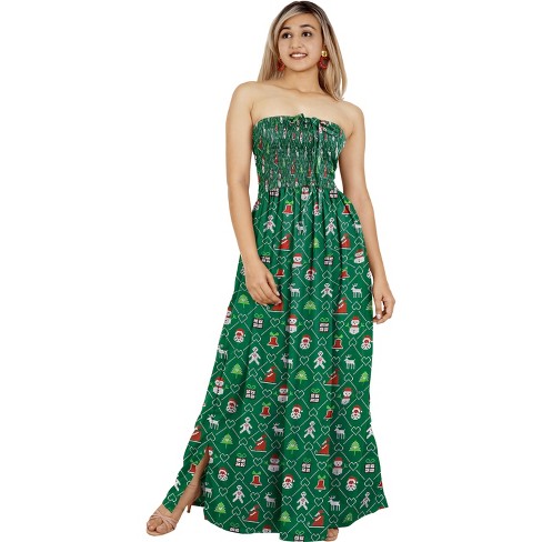 LA LEELA Women s Casual Beach Christmas Tree A line Slit Smocked Maxi Dresses Tube Top Evening Long Strapless Santa Dress for Women L XL Green