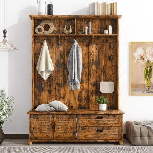 Wood Entryway Coat Hanger Hall Tree with 5 Hooks 3-in-1 Entryway Coat Rack with 2 Drawers&Shoe Bench Industrial Retro Coat Rack for Entrance Hallway - 1 of 4
