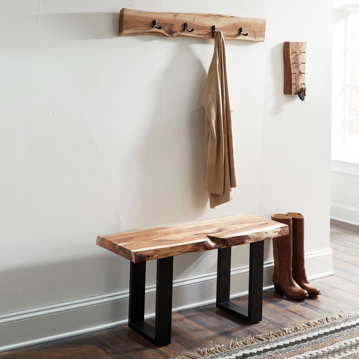 Alaterre Furniture Alpine Natural Brown Live Edge Bench with Coat Hook Set Metal And Wood