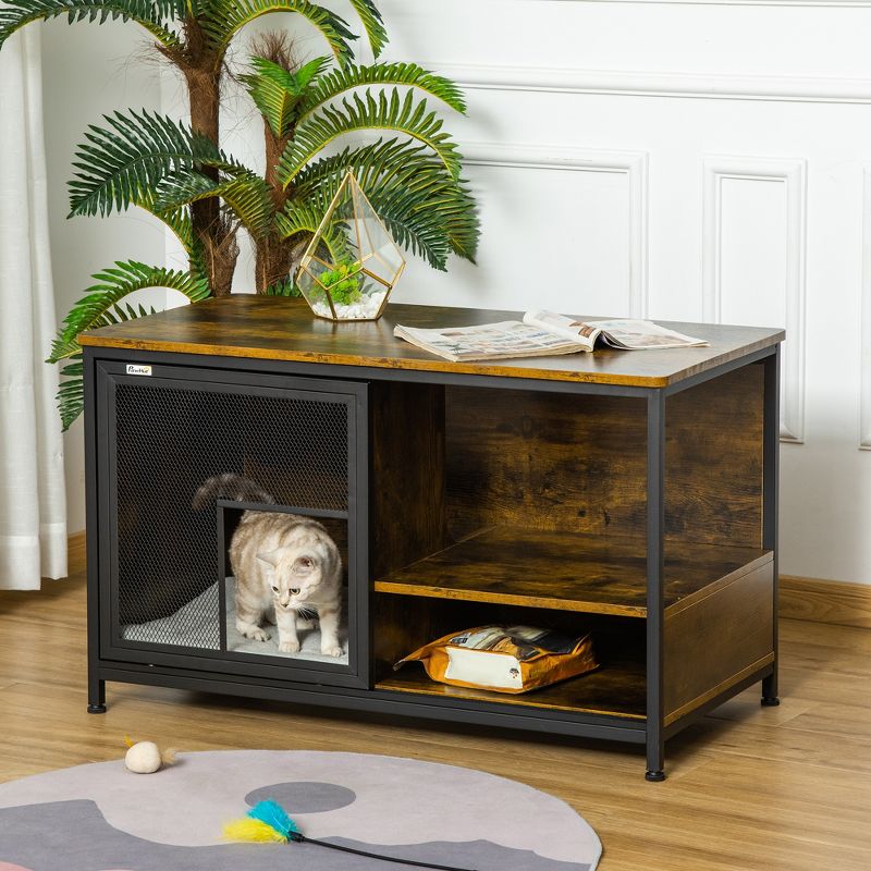 PawHut Cat Kennel, Wood & Steel End Table Style with Cushion & Sliding Doors, Pet Kitten Crate, Elevated Indoor Small Animal Cage, Rustic Brown, 3 of 7