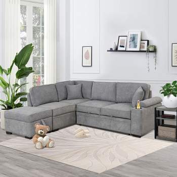 87.4" L Shape Sectional Sleeper Sofa Bed, 2 in 1 Pull Out Sofa Couch with Storage Ottoman, Cup Holder and USB Port-ModernLuxe