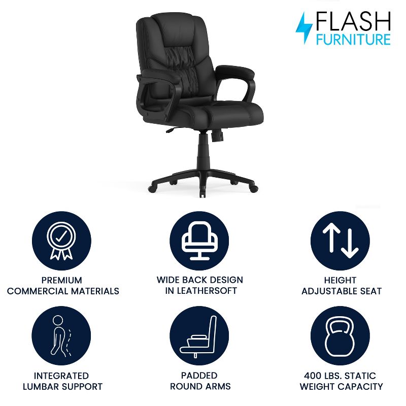 Flash Furniture Flash Fundamentals Big & Tall 400 lb. Rated LeatherSoft Swivel Office Chair with Padded Arms, 3 of 18