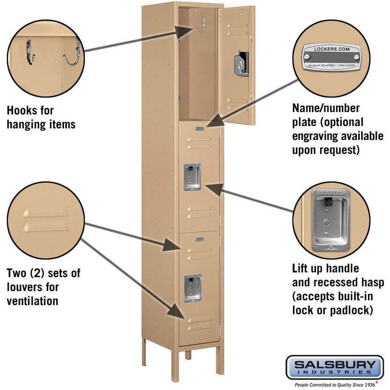 Salsbury Industries Assembled 3-Tier Standard Metal Locker with One Wide Storage Unit, 6-Feet High by 12-Inch Deep, Tan, 2 of 4
