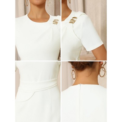 Женские платья INSPIRE CHIC Women's Crew Short Sleeve Pleated Waist Formal Work Sheath Dresses Medium White — фото 4