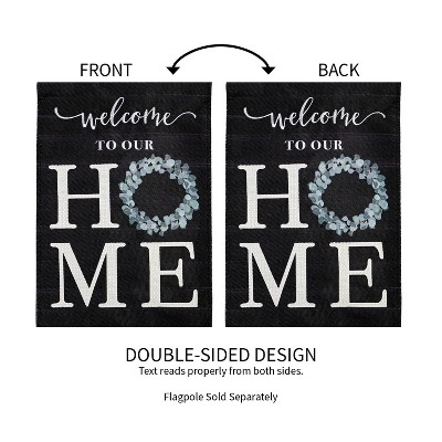Black Burlap Welcome Garden Flag with Eucalyptus Wreath