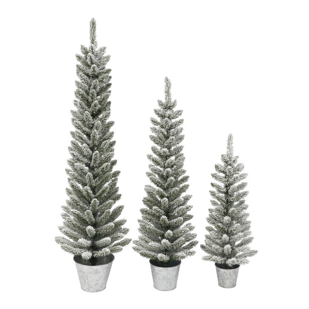 Puleo 3pc Unlit Flocked Pencil Artificial Christmas Tree in Galvanized Pot
