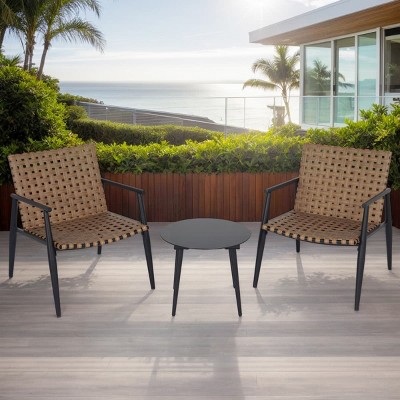3 Piece Outdoor Conversation Set with 2 Woven Arm Chairs and Round Tempered Glass Table for Patio or Balcony-The Pop Home