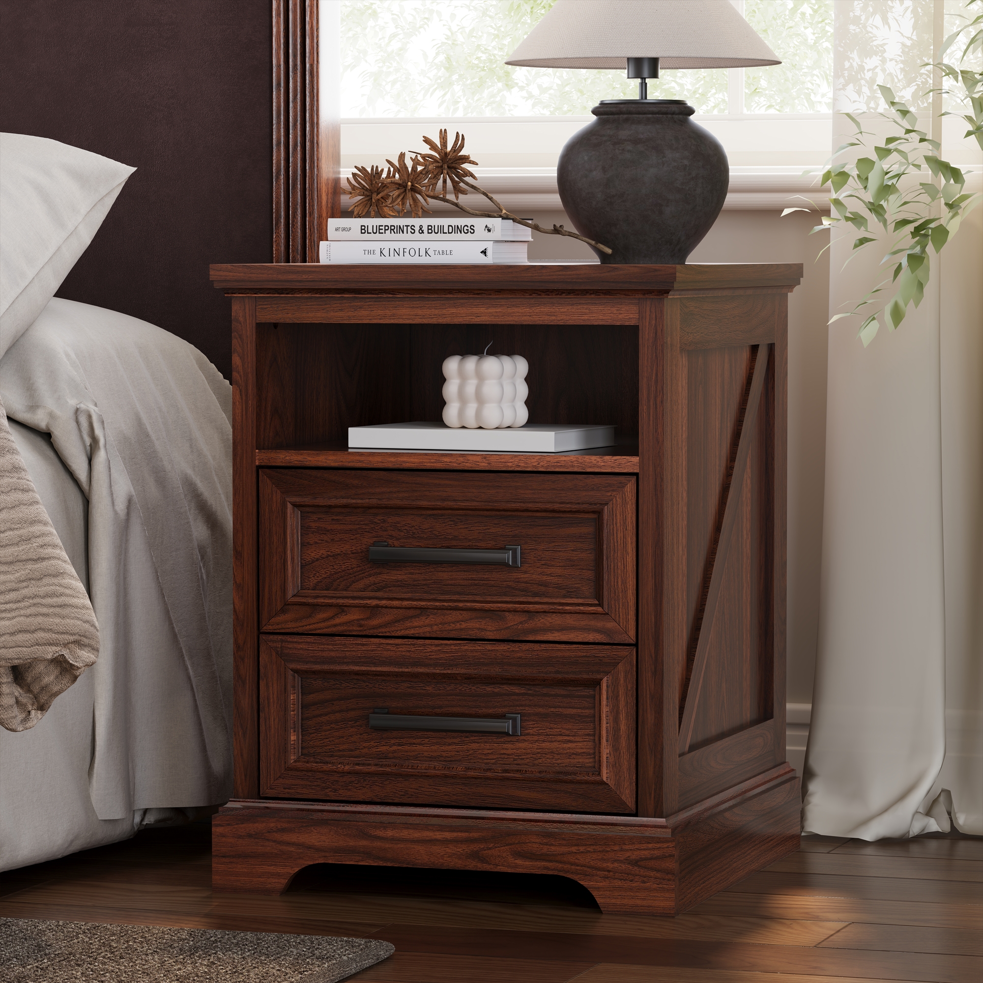 18" Farmhouse Nightstand with Charging Station, End Table with 2 Drawers Storage for Bedroom, Living Room, Brown
