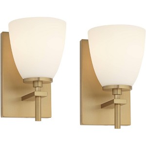 Possini Euro Design Pell Modern Wall Sconces Set of 2 Warm Brass Hardwire 5" Fixture White Frosted Glass for Bedroom Bathroom - 1 of 4