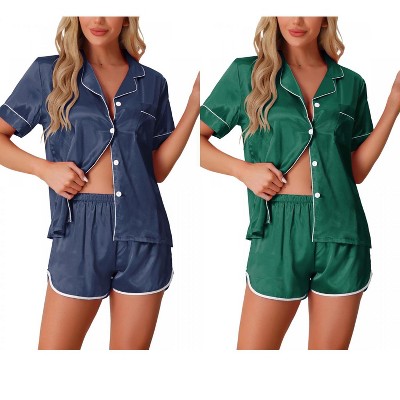 INSPIRE CHIC Women's 2 Pcs Satin Pajamas Silky Short Sleeve Button Down Pajama Sets