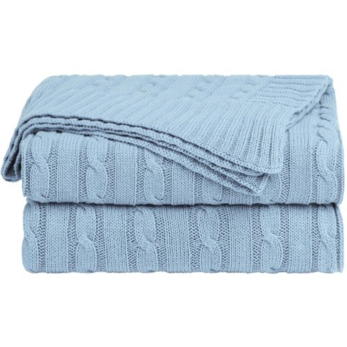 PiccoCasa 100 Cotton Cable Knit Throw Bed Blanket 1 Pc Columbia Blue Throw 50