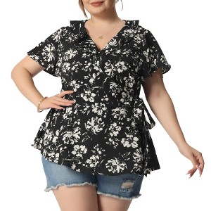 Agnes Orinda Women's Plus Size Ruffle Neck Floral Wrap Tie Waist Blouse - 1 of 4