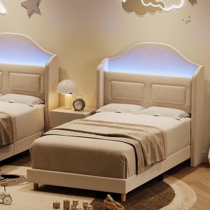 Twin Bed Frame with Headboard,Built-in LED Lights,Velvet Upholstered Platform Bed with Wing Back,No Box Spring Needed,Easy Assembly,Noise Free - 1 of 4