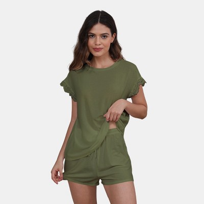 Women's Lace Short Sleeve Pajama Top & Drawstring Pajama Shorts  - Cupshe