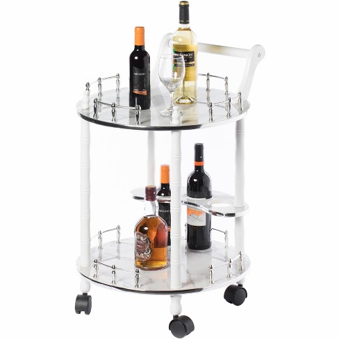 Fabulaxe Round Wood Serving Bar Cart Tea Trolley with 2 Tier Shelves and Rolling Wheels - image 1 of 4