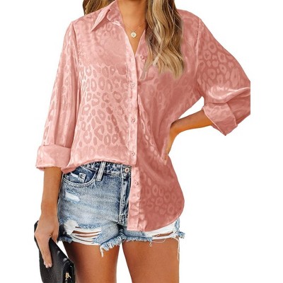 Leopard Stain Button Down Shirts for Women Roll Up Long Sleeve V Neck Casual Work Shirts