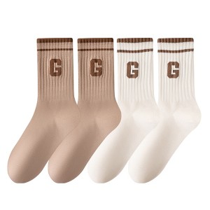 Anna-Kaci Women's 4-Pair Pack Ribbed Cotton Crew Socks with Striped Cuffs and G Letter Detail in Neutral Athletic Color Combinations - 1 of 4