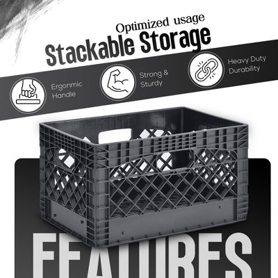 Heavy Duty Black Stackable Storage Crate with Handles, 3 Pack