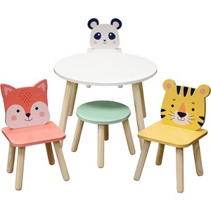 Kids Wooden Animal Table & Chair Set w 4 Seats- Tiger Panda, Fox & Adult Stool- Playroom Furniture for Home Daycare Classroom- Toddler Activity Center - 1 of 4