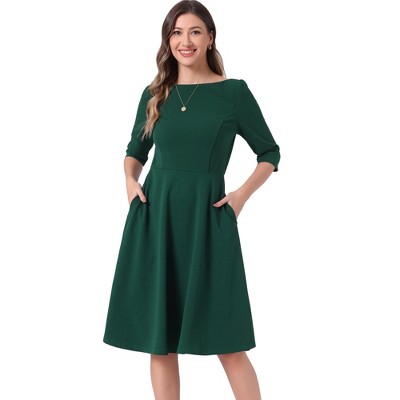 INSPIRE CHIC Women's Boat Neck Half Sleeves Midi Flared Office Dresses