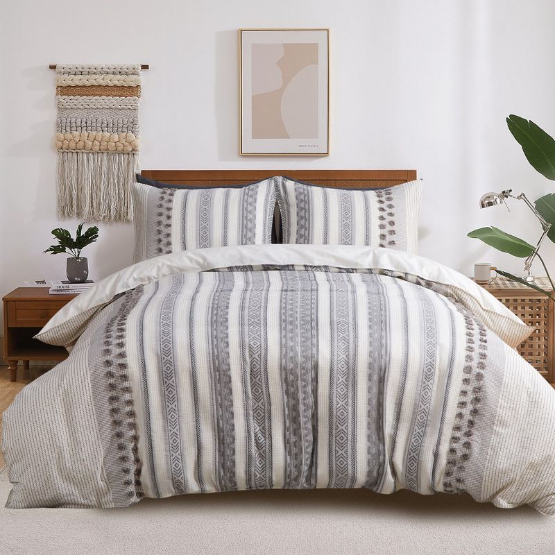 Yarn-Dyed Jacquard Cotton Duvet Cover Set with Waffle and Tufted Dots, 1 of 8