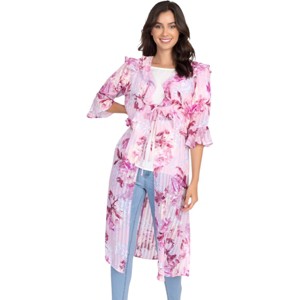 Slickblue Women's Floral Ruffle Robe Cardigan, 3/4 Sleeve, Self-Tie Waist, Knee Length, Pink, Size S-L - 1 of 4