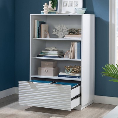White Adjustable Wood Bookcase with Drawer and Shelves