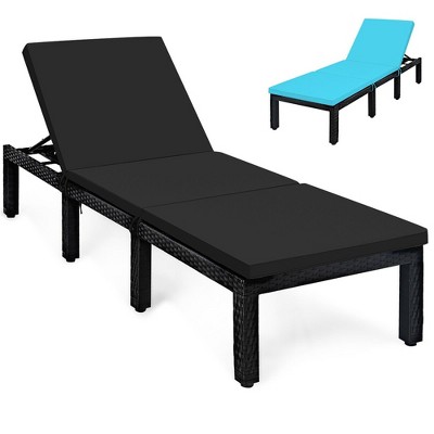 Tangkula Adjustable Rattan Patio Chaise Lounge Chair Couch w/ Black & Turquoise Cushion